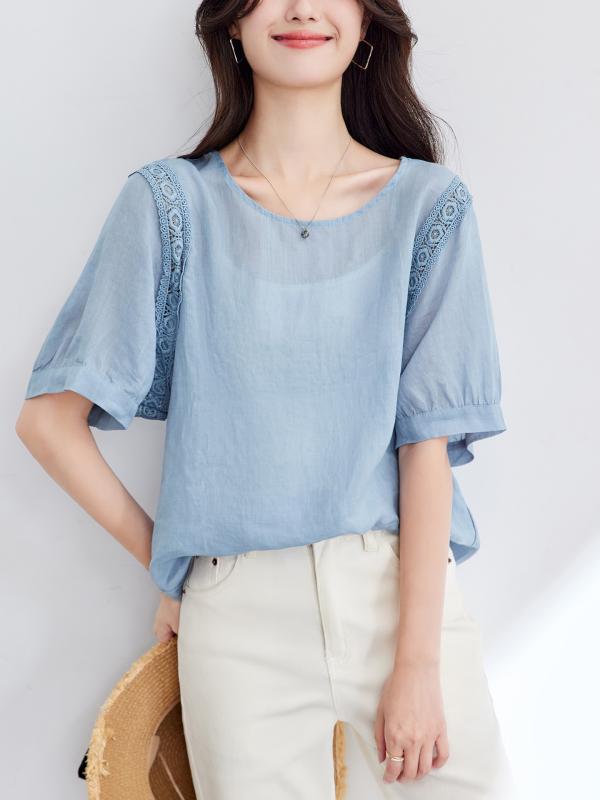 Shirts, T-Shirts - レディース シャツ 苎麻 トップス 夏季 短袖 Uネック 泡泡袖 切り替え 镂空 デザイン 通勤 気質 スタイル 基本款 白色 霧霾藍 純色 95% 以上 95% 苎麻 素材 普通 衣長 セット 頭 袖 度假 显瘦 気質 优雅 跨境 东南亚 中东