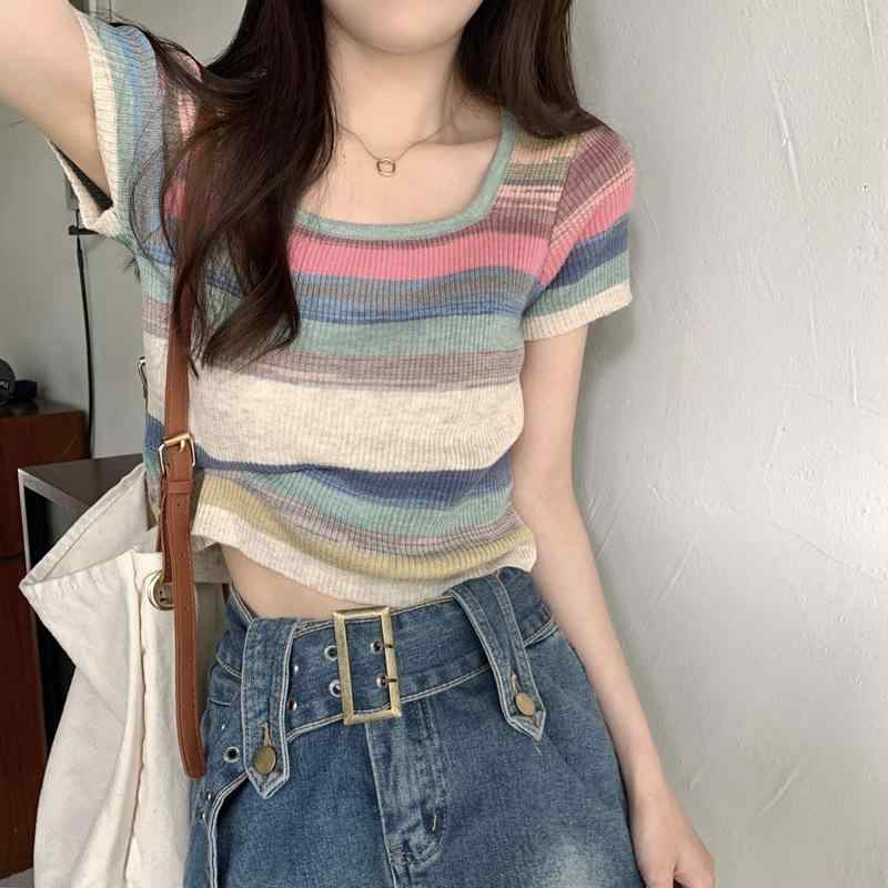 乐天商城 - Tシャツ 女性用 夏 短袖 方領 直筒型 ストライプ 切り替え ピンク ブルー イエロー 緑 涤纶 ポリエステル繊維 アセテート繊維 伸縮性 軽量 接触冷感 吸湿速乾 セットアップ 韓系 かわいい ファッション トップス プルオーバー セットインスリーブ