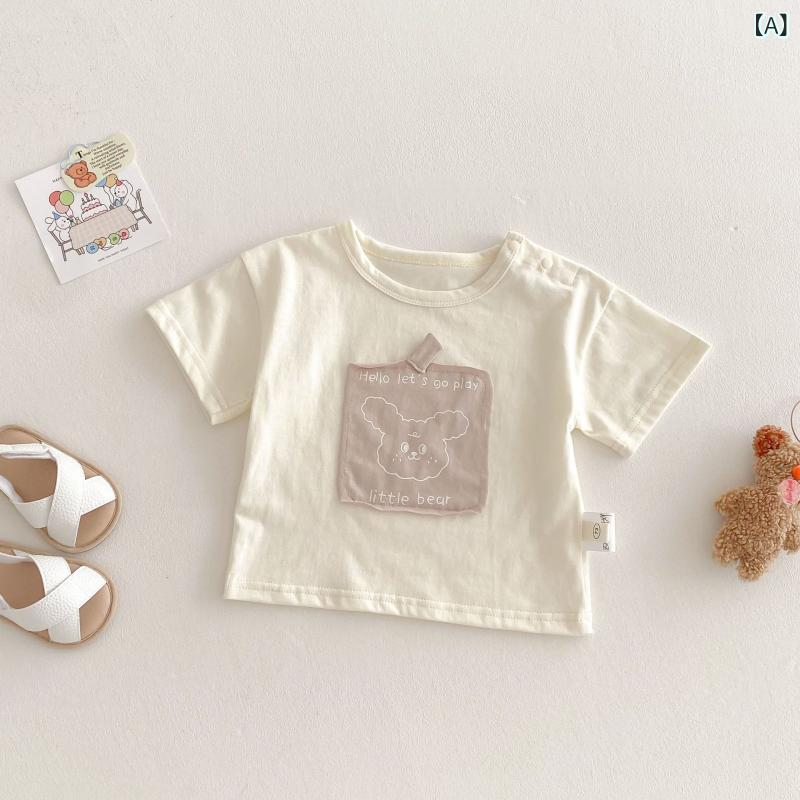 ・カテゴリ: 童Tシャツ・スタイル: 韓版・主な素材: 綿98%・袖丈: 短袖・ネックライン: 丸首・柄: 卡通・カラー展開: 浅米、浅粉、浅藍・サイズ展開: 73/有肩扣、80/有肩扣、90/有肩扣、100/有肩扣、110/有肩扣、120/有肩扣