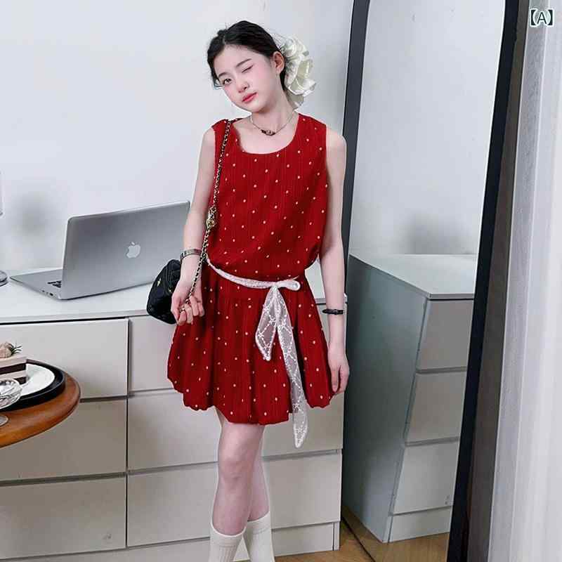 女の子 ワンピース 背心 吊り下げ 赤 ドット柄 夏 かわいい A字 プリンセス コット...