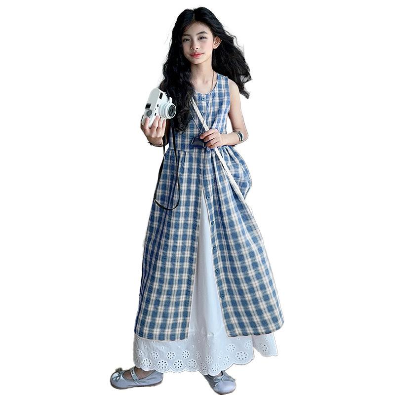 女の子 夏服 トップス 半身スカート セット 格子柄 綿素材 薄手 柔らかい 無袖 韓国風 赤 紺 8歳以上 大きめサイズ ファッション 洋服 子供服 かわいい 普段使い 通学 遊び着 軽量 吸収性 通気性 動きやすい スタイリッシュ レイヤード コーデ