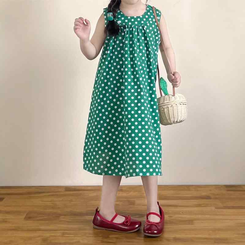 ・カテゴリ: 子供ドレス・スタイル: 基本款・主な素材: 綿95%・柄: ドット・カラー展開: グリーンポット・サイズ展開: 90、100、110、120、130、140・対象年齢: 3~8歳・対象身長: 100~140cm・スカートスタイル: プリンセス
