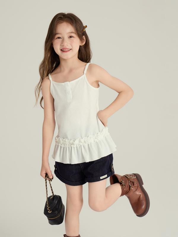 女の子 吊り紐 キャミソール トップス 甘め 花柄レース 裾デザイン 単体着用 重ね着 インナー 柔らかい 綿素材 92% 伸縮性 白 夏用 かわいい 韓国風 3-8歳 中小童