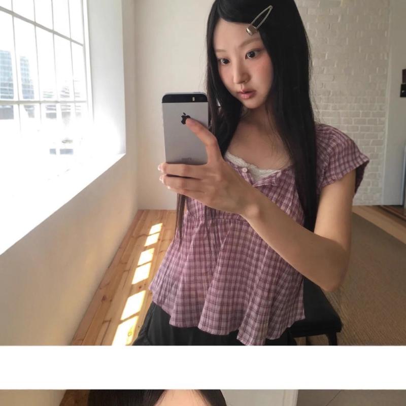 Rakuten - レディース シャツ トップス 紫 紺 かわいい 気質 通勤 スタイル 丸襟 泡泡袖 七分袖 綿 素材 ゆったり シルエット 普通丈 基本 デザイン 気質 優雅