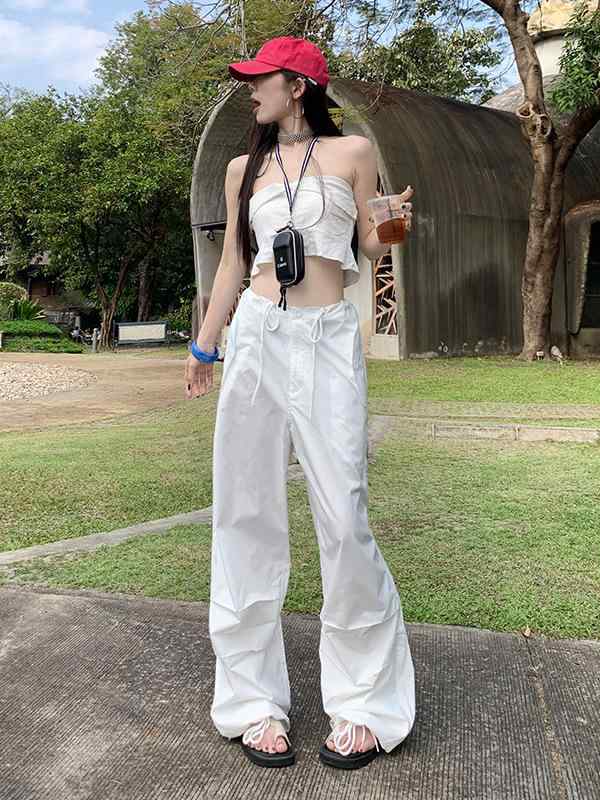 樂天商城 - レディース ワイドレッグ 工装パンツ 春季 高腰 スリム ストレート ドローストリング ロングパンツ ポケット 白色 ポリエステル 95% プレーツ加工 ミドル厚 ノンストレッチ 快適 デイリー 韓国風 デイリーウェア キャジュアルパンツ