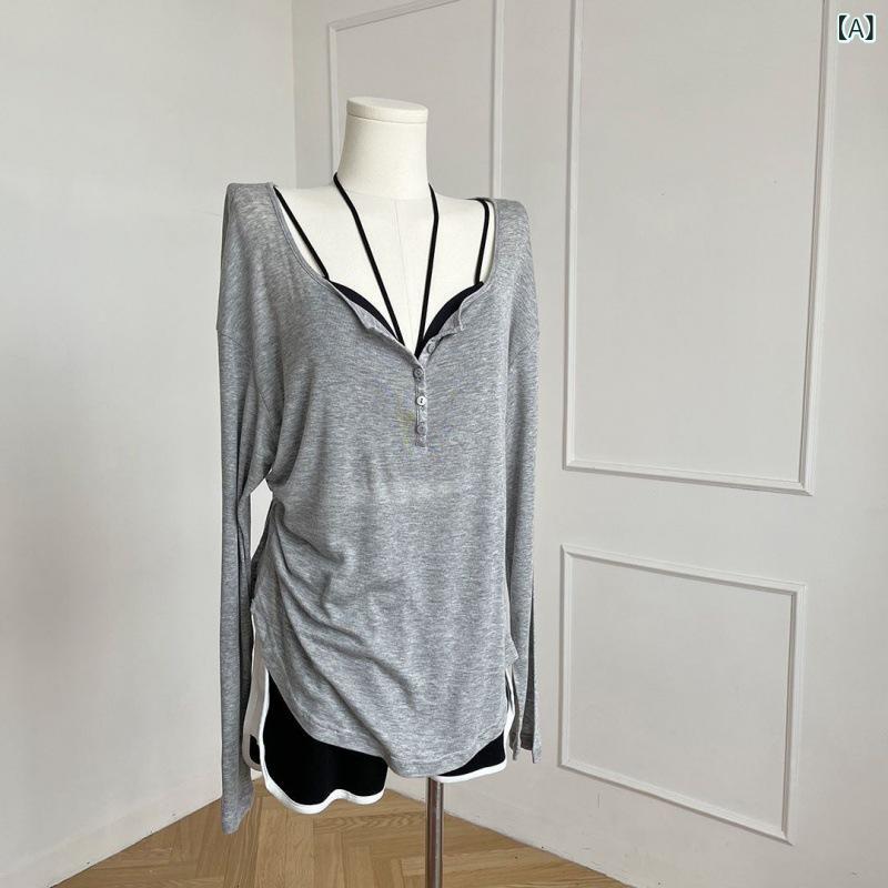 Shirts, T-Shirts - Tシャツ レディース 長袖 セットアップ 接触冷感 ポリエステル ポリエステル繊維 Vネック ワイドシルエット 透け感 超短丈 ルーズフィット かわいい 気質 通勤 都会風 グレー ピンク 白