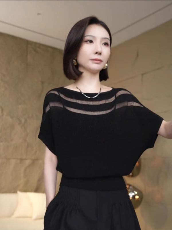 樂天商城 - ニットトップス レディース 春季 3D 立体 柄 デザイン 接触冷感 短袖 針織 シャツ 薄手 上衣 丸首 三分袖 ルーズ フィット 気質 通勤 スタイル 黒 腈纶 ポリエステル 繊維 素材 単品 組み合わせ 普通 丈 50cm 65cm 間 セット ヘ