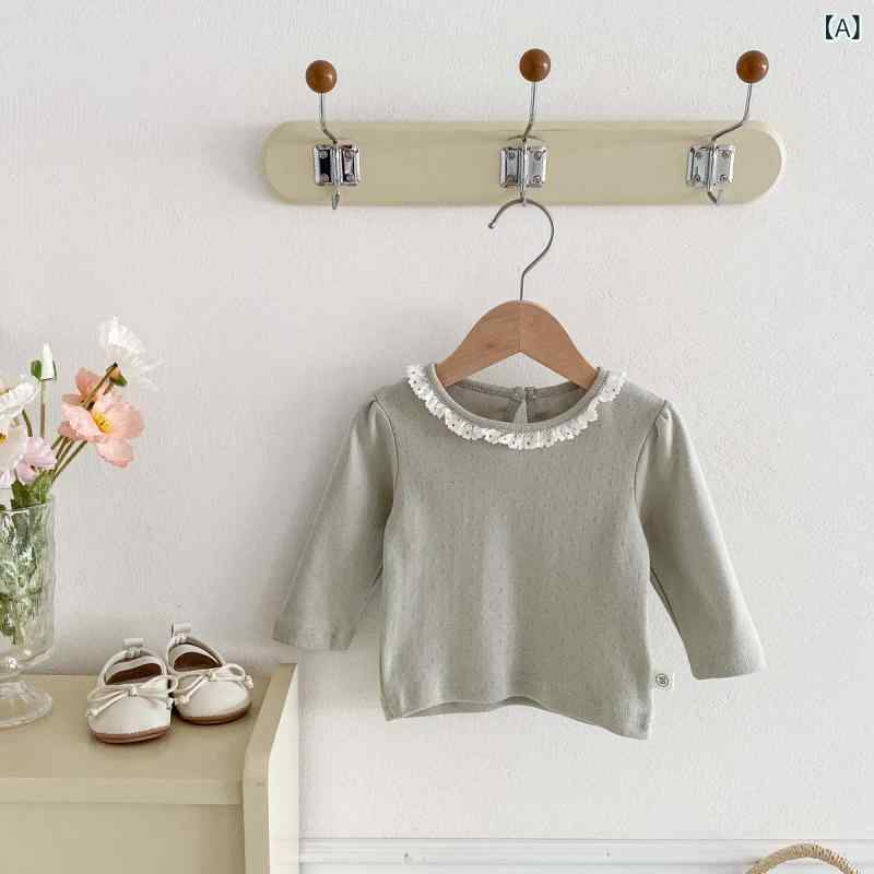 女の子 トップス 長袖 丸首 Tシャツ ベビー 綿100% レース 花柄 刺繍 かわいい プリンセス トレンド 柔らかい 肌触り 浅緑 白色 春秋 冬 日常使い 室内着 1-3歳 80-100cm