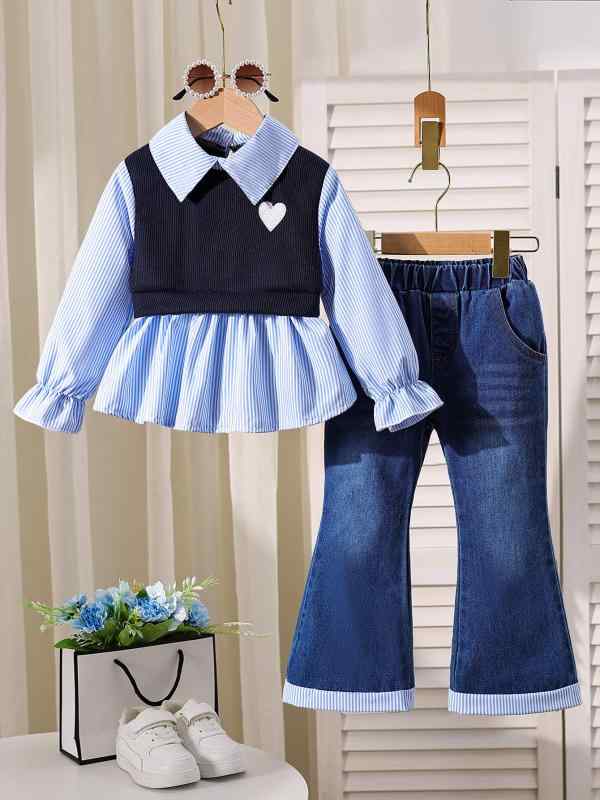 キッズ 女の子 セットアップ 翻領 シャツ 切り替え トップス 長袖 牛仔 喇叭パンツ...