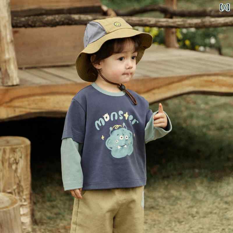 ・カテゴリ: 童T恤・スタイル: 運動・主な素材: 綿93.7%・ネックライン: クルーネック・袖丈: 長袖・柄: 動物、字母・元素: 運動、字母、可愛い、拼色・カラー展開: 星藍石色、奶油米・サイズ展開: 80cm、90cm、100cm、110cm、120cm、130cm、140cm
