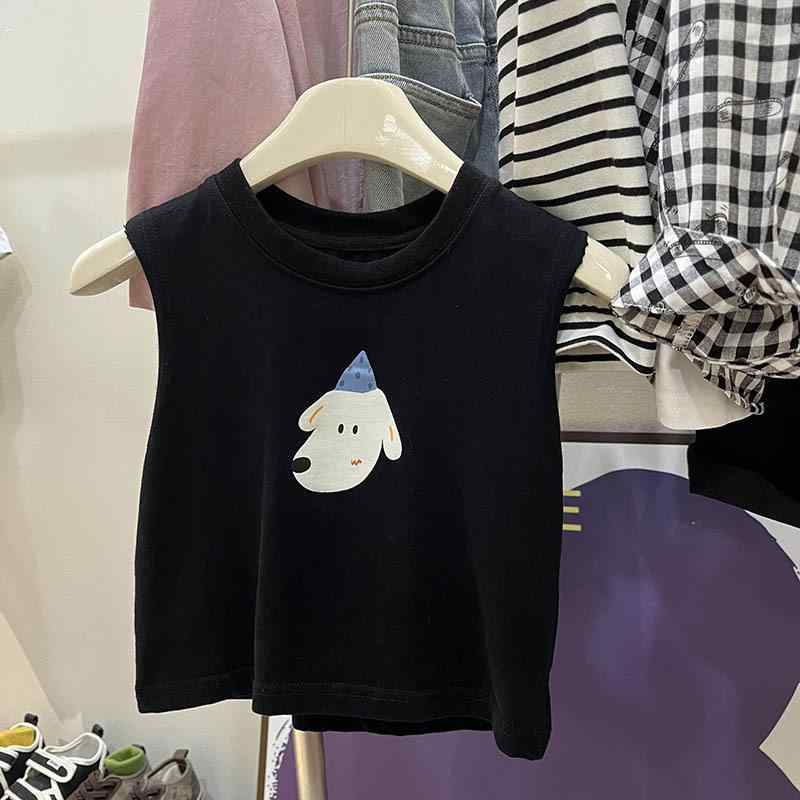 キッズ 無袖 背心 男の子 女の子 コットン 95% 黒 夏 ソフト 素材 カートゥーン 犬 プリント 3-8歳 100-140cm 柔らかい 触感 通気性 良い 日常 遊び着 かわいい デザイン