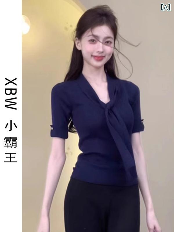 Tシャツ 女性用 夏 短袖 ニット 修身 収腰 スリム Vネック フレアスリーブ 短丈 薄手 粘着繊維 紺 杏 かわいい 日系 軽熟風 気質 chic ..