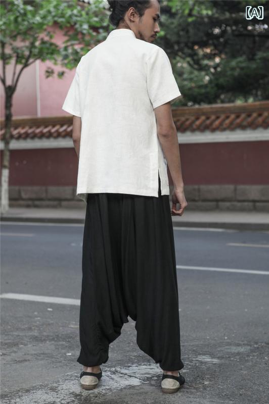 メンズ 灯籠パンツ 薄手 綿素材 ゆったり ワイドレッグ 長ズボン 中腰 黒 墨緑 コーヒー 色 無地 ラッパ足口 ノンストレッチ インド風 旅行 普段使い 青年向け ゆったりシルエット 通勤 休日 軽量 通年 オールシーズン