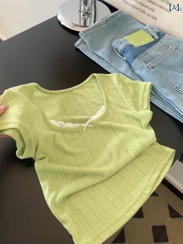 Other - Tシャツ レディース 短袖 浅緑 かわいい レース 修身 スリム トップス ウッド ニット 加工 セットアップ ヘッド バタフライ ノット アクセサリー Uネック ルーズ フィット 気質 通勤 スタイル 夏 軽量 コットン ブレンド 素材 日常 使い 快