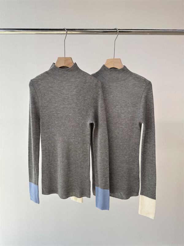 Shirts, T-Shirts - ニット トップス レディース 羊毛 桑蚕丝 混紡 素材 超薄手 長袖 半高領 切り替え デザイン 修身 シルエット 弾力 伸縮性 快適 着心地 街頭 スタイル 欧美風 秋季 オールシーズン グレー ブルー ホワイト カラーバリエーション 普段使い 通勤用