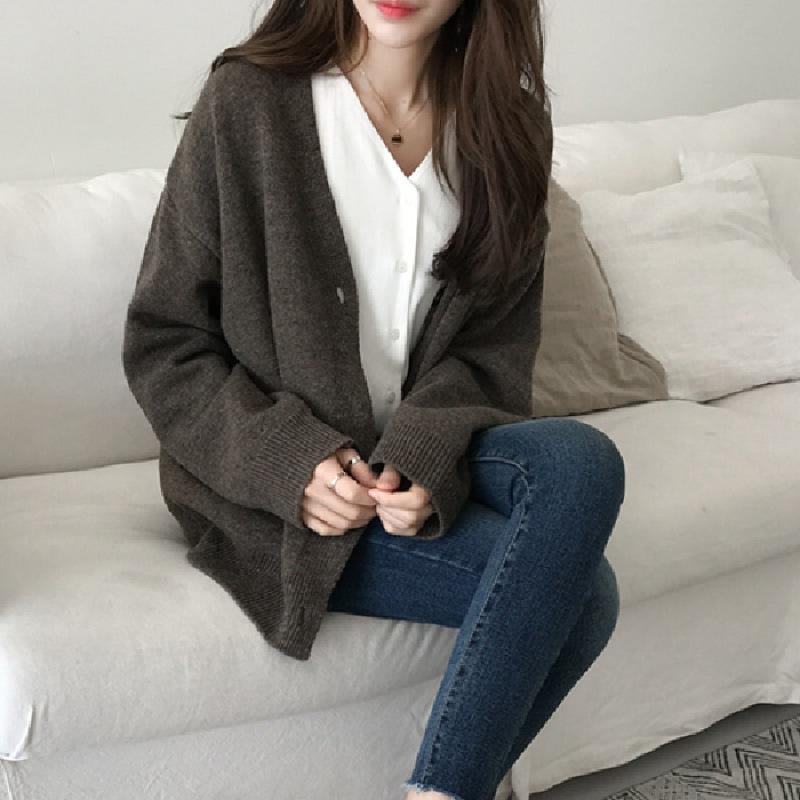 レディース ニット カーディガン 毛糸 セーター 開き 短丈 トップス 外套 アウター 韓国風 ルーズ ゆったり スタイル 快適 ヨーロピアン プレミアム 品質 中厚 単品 ルーズフィット 普通丈 50cm 65cm ハングネック 長袖 標準袖 ワッシュ