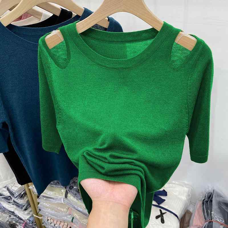 Tシャツ レディース 夏 短袖 トップス 接触冷感 粘膠繊維 切り替え デザイン 透け感 ニット 緑 コーヒー 宝藍 丸首 プリンセス袖 フリンジ 装飾 清新 甘め スタイル 民族風 気質 優雅 欧米 向け 爽やか 軽量 薄手 スポーツ モチーフ セット
