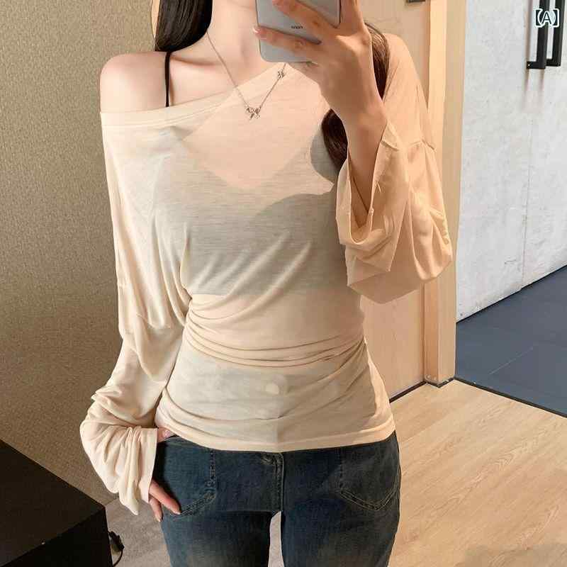 Tシャツ レディース 春夏 長袖 ルーズ 落肩袖 透け感 デザイン 気質 通勤 セットアップ ポリエステル スパンデックス 無撫触 純色 ベーシック トップス ブラウス ブラック 卡其 2