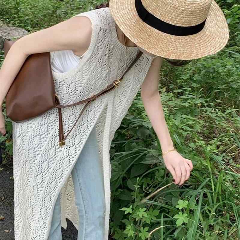 レディース ワンピース ニット 薄手 無袖 丸首 Aライン 中長丈 後ろ開き 単品 純色...