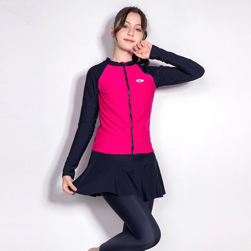 Rash Guards - キッズ 男の子 長袖 長ズボン 防晒 スイムウェア セット 4点組 ジャンリュ ポリエステル ピンク スイミング ビーチ 水中運動 純色 速乾 軽量 伸縮性 9-15歳