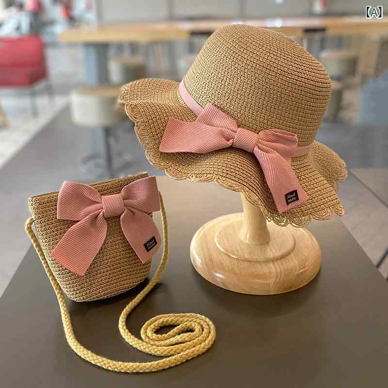 Ladies - 女の子 麦わら帽子 春夏 沙滩 防晒 紫外線対策 漁夫帽 セット かごバッグ かわいい 軽量 紫外線カット 2-5歳 5-9歳 ベビーキッズ 女児 帽子 カゴバッグ 夏用 ビーチ 屋外遊び ピーチ ベージュ アイボリー ブルー ハット バッグ セット 女