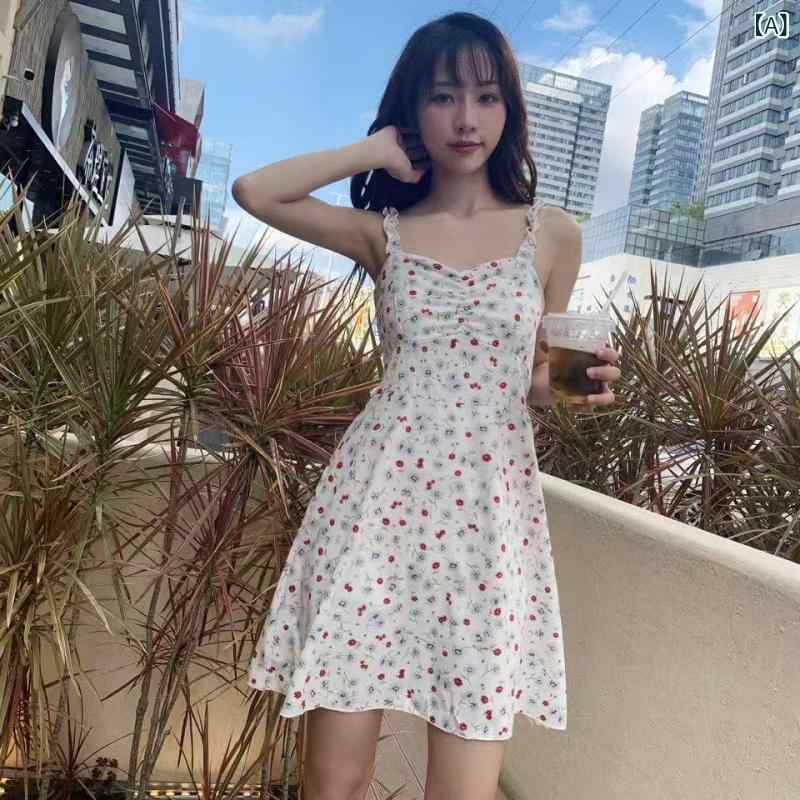 レディース ワンピース 吊り帯 レース 花柄 夏 涼しい 修身 膝丈 長め 涼感 花 プリント ポリエステル 白色 浅杏 深杏 かわいい 学院風 清新 甘め スカート ドレス ミディ フレア 軽量 通勤 デイリー フェミニン 花印花 インナー セット 防