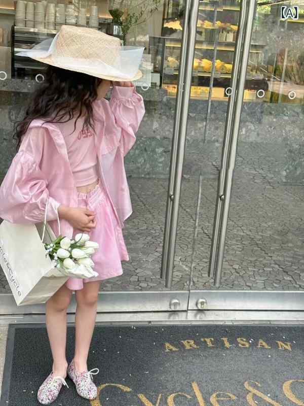 女の子 防晒服 三点セット 長袖 フーディー シャツ ベスト 短パン ポリエステル 超...
