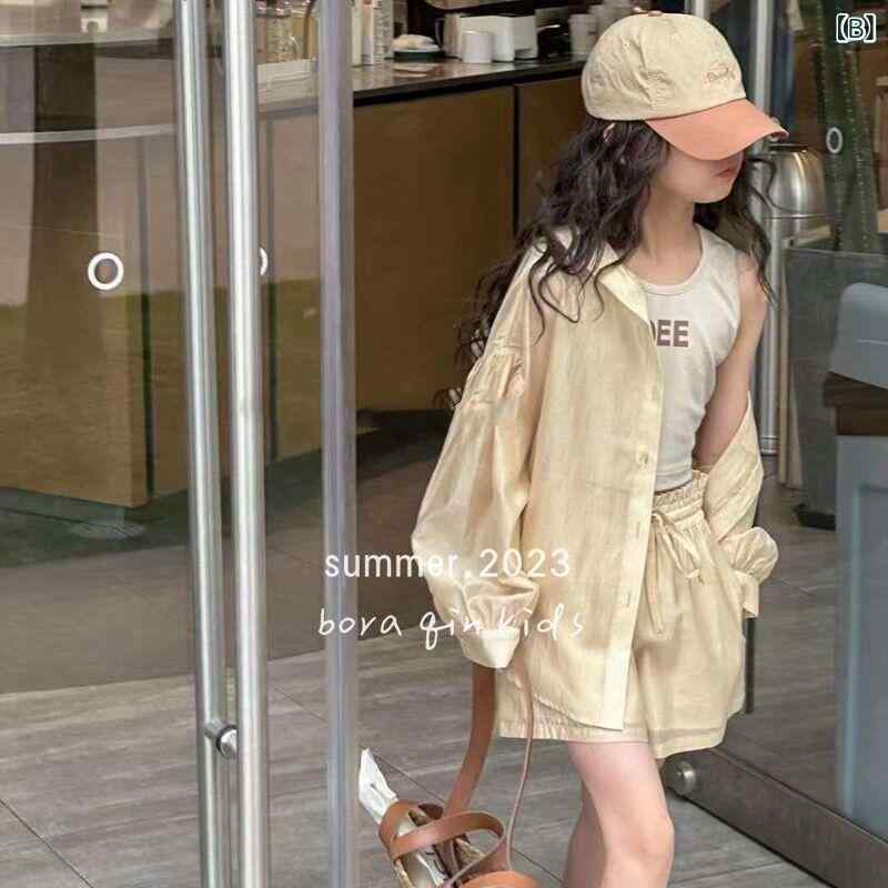 女の子 防晒服 三点セット 長袖 フーディー シャツ ベスト 短パン ポリエステル 超...