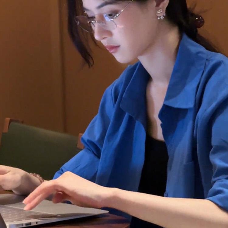 レディース シャツ トップス クライン ブルー 長袖 開襟 ポロ 襟 ワイド ルーズ シルエット ポリエステル ポリ 素材 …