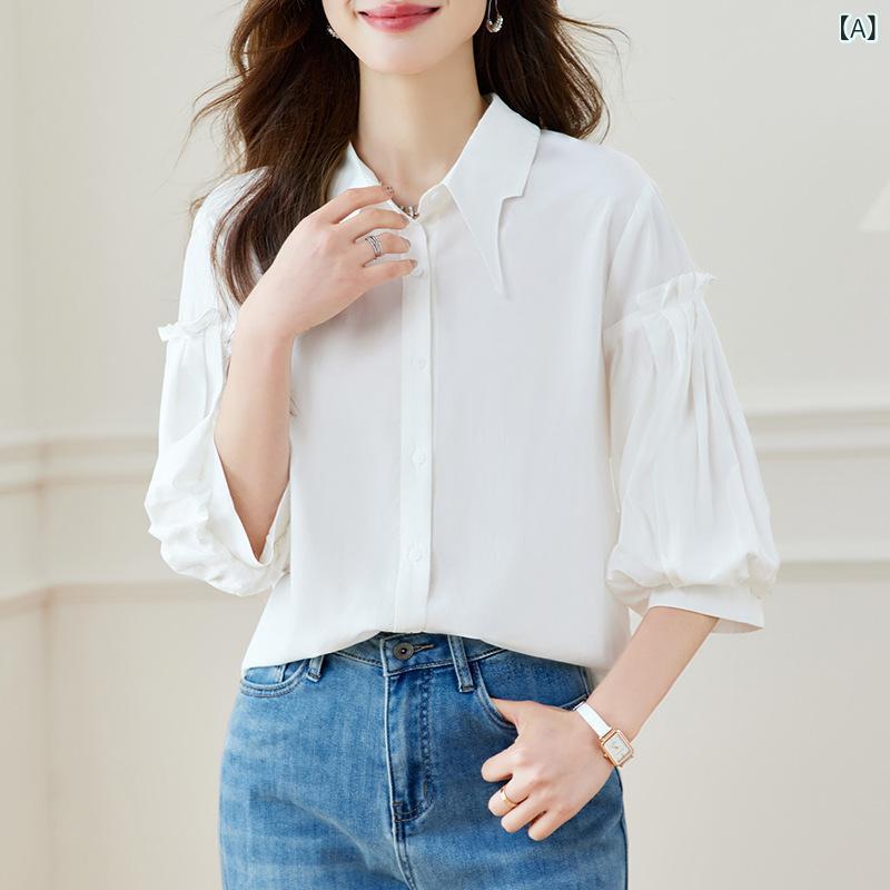 樂天商城 - シャツ レディース 綿 薄手 通勤 韓国風 ゆったり 体型カバー スリム トップス 七分袖 泡泡袖 切り替え ポロシャツ ボタン 無地 白 ブルー ライトグリーン 気質 優雅 夏 95% 以上