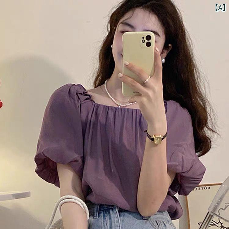 Tシャツ レディース 短袖 紫 黒 泡泡袖 プリーツ ワンショルダー デザイン チック フレアスリーブ プレーツ 肩落とし 気質 トップス 涼感 甘め 清新 かわいい ゆるシルエット ポリエステル スパンデックス 伸縮 軽量 夏 デイリー コーデ 甘美
