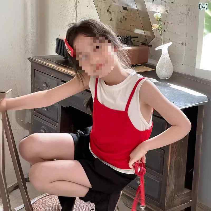 女の子 ベビー トップス 背心 吊帯 無袖 シャツ Tシャツ レイヤード デザイン コン...