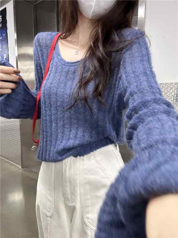 Other - ニット セーター レディース 長袖 短丈 修身 秋冬 通勤 気質 優雅 黄色 黒 針織 面料 孔雀絨 洗水 加工 セットアップ トップス かわいい 甘辛 スタイル 韓国 風 インナー シャツ ブラウス ビッグシルエット 伸縮性 軽量