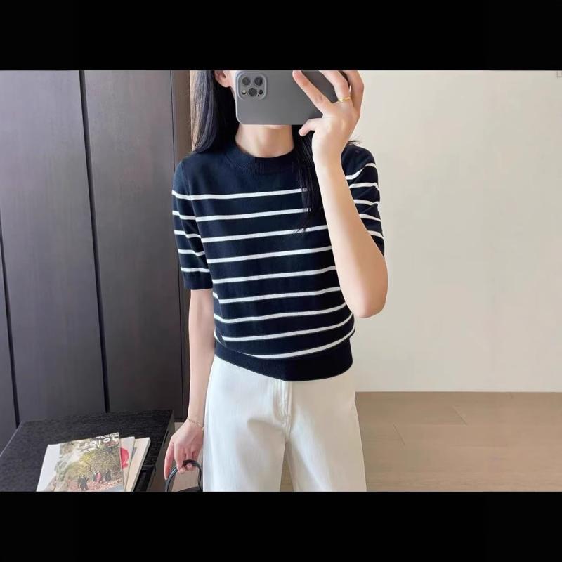 Rakuten - レディース トップス 条紋 ニット 短袖 Tシャツ 丸首 海魂衫 上衣 ポリエステル 素材 中厚手 セットアップ なし 3分袖 普通丈 50cm-65cm 紺 色 ライン 白 ライン 私服 スタイル 御姐風 2025 夏