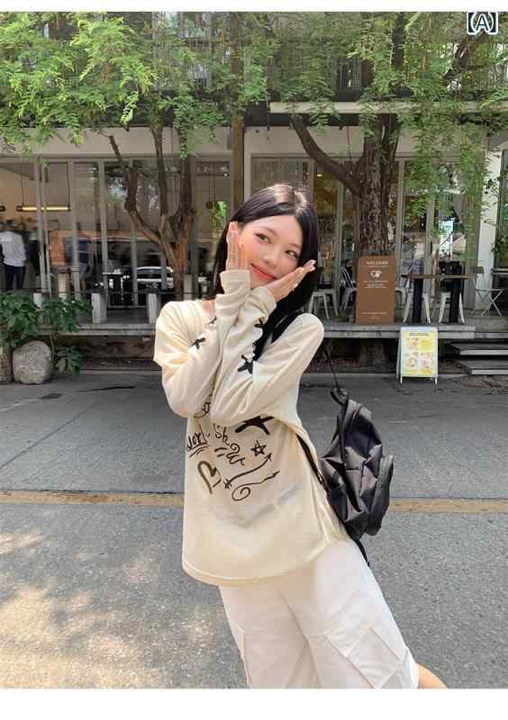 Other - Tシャツ レディース 夏 長袖 薄手 防晒 丸首 ルーズフィット プリント コットン風 ポリエステル クロップド丈 韓国スタイル 日常使い インドア アウトドア ブラック グレー ホワイト