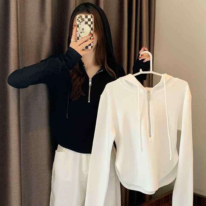 Rakuten - パーカー 女性用 秋冬 短丈 ジッパー ロングスリーブ フード付き 切り替え 修身 薄手 ポリエステル 白色 黒 日常使い 快適 デザイン性 日韓スタイル