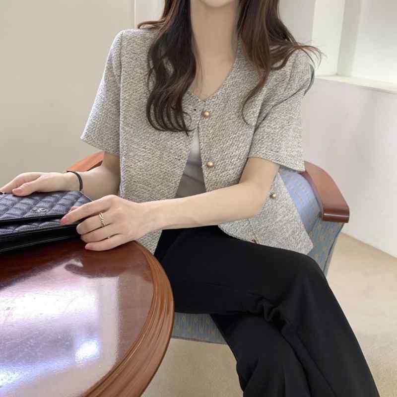 Other - レディース 小西装 短袖 ジャケット 短款 薄手 気質 単排ボタン 通勤風 気質通勤 気質 優雅 浅灰 深灰 純色 丸首 三分袖 夏 季節 他の素材 90-95% 含有