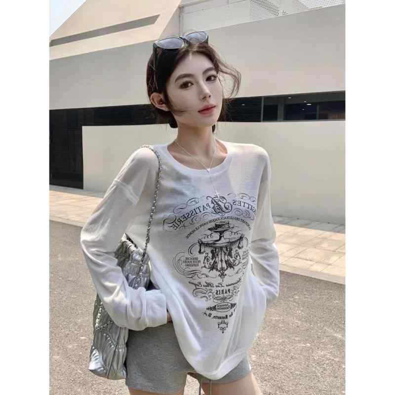 樂天商城 - レディース Tシャツ 防晒 長袖 夏 韓版 ゆったり 薄手 上衣 罩衫 吊帯 背心 天竺 レイヨン スパンデックス 幾何学柄 プルオーバー 袖 プリント リブ 普通丈 丸首 ストレート袖 通勤 気質 快適 休闲 白色 黒 単品