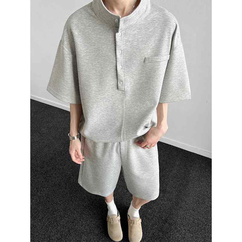メンズ トップス ポロシャツ 短袖 Tシャツ セット 夏季 軽量 涤纶 素材 浅灰 黒 色 休闲 スタイル 運動 ファッション 18-24歳 向け 通気性 速乾 機能 爽快 着心地