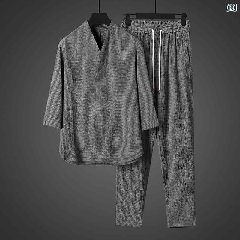 メンズ Tシャツ セット 中国風 夏 半袖 薄手 接触冷感 ゆったり 大きいサイズ 白色...