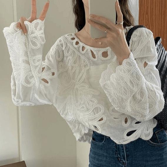 Rakuten - レディース シャツ トップス 綿 刺繍 花柄 植物 花卉 長袖 丸首 ラウンドネック ゆったり ルーズ シルエット レース 刺繍 クロシェ レース オープン 透け感 秋 秋物 韓国風 日韓 スタイル ラフ ゆるい 風 セクシー ホワイト ベージュ ミルク