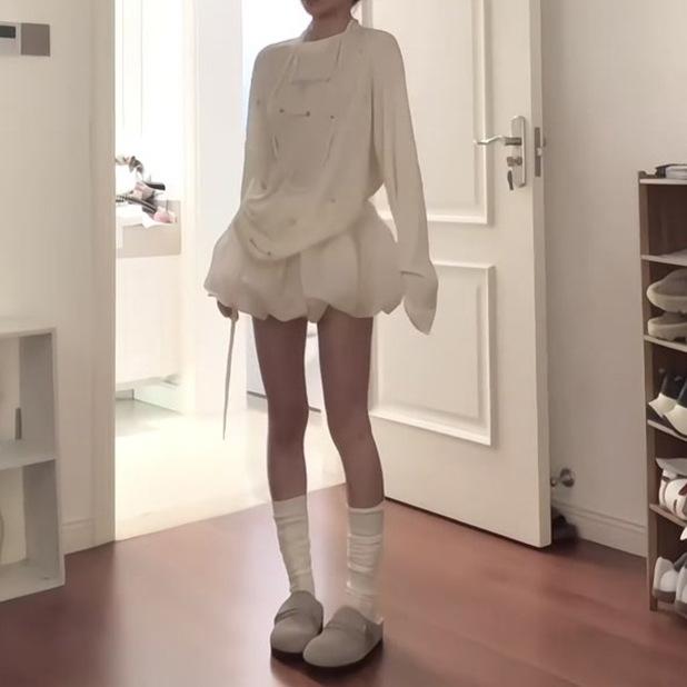 Other - レディース セットアップ ワンピース 春夏 黄色 花柄 プリント バラエット風 フレア 袖 ルーズ フィット UVカット 長袖 防晒 ブラウス プリーツ 花びら スリム ショート スカート 2点セット アクリール ポリエステル 繊維 清新 スイート スタ