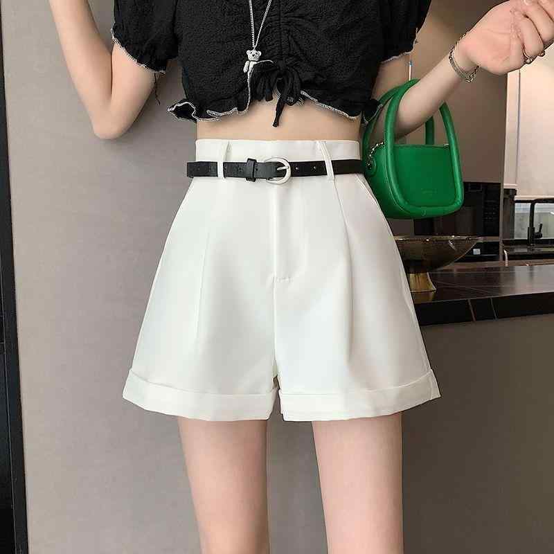 レディース ショートパンツ 夏 春夏 高腰 Aライン ワイドレッグ 直筒 ハーフ丈 ミディアム厚 通勤 気質 快適 休闲 ポリエステル ポリエステル繊維 微弾性 免烫加工 黒 白 卡其 切り替え ウエストベルト 外穿