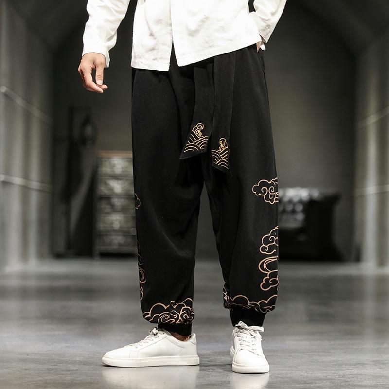 Pants - メンズ ロングパンツ 中国風 シンプル プリント 束脚 ワイドレッグ 大きいサイズ 刺繍 灯籠パンツ 綿 素材 中腰 薄手 直筒型 黒 ネイビー 赤 グレーグリーン 春夏 秋冬 日常 使い カジュアル スタイル 軽量 ゆったり シルエット