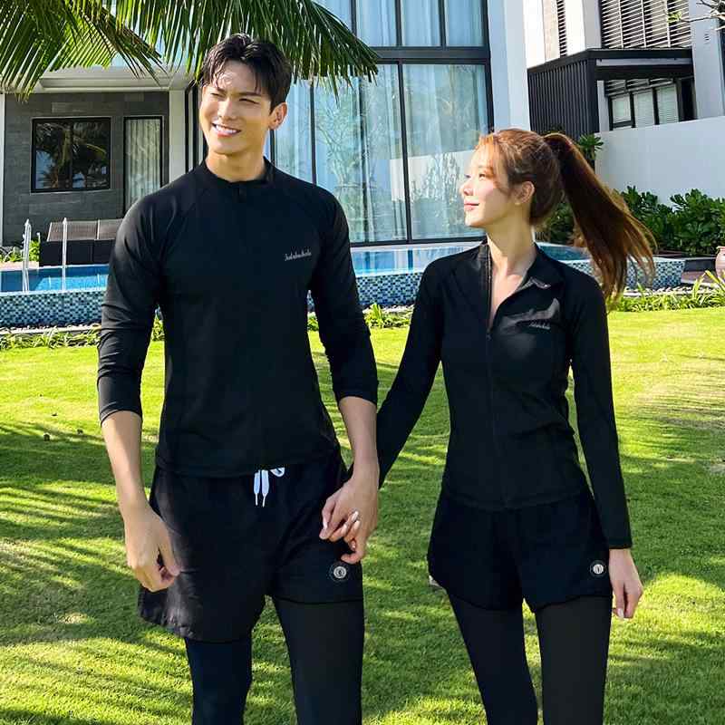 女性用 ダイビングスーツ 長袖 水母プリント セパレート ラッシュガード ジッパー 防晒パンツ スノーケリング セット スリム メンズ レディース ポリエステル 速乾 伸縮性 プール ビーチ サーフィン