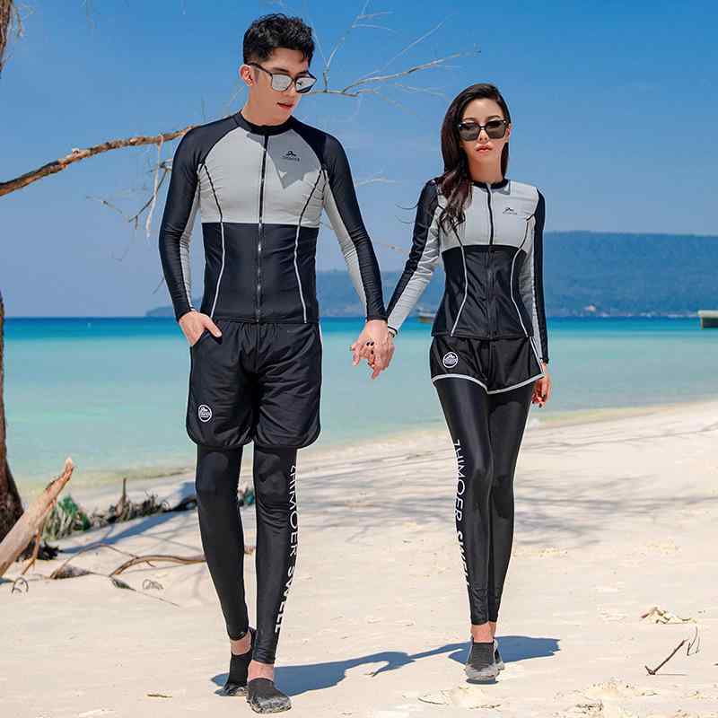 Rash Guards - レディース メンズ ダイビングスーツ 長袖 水母プリント スイムウェア セパレート 防晒パンツ スノーケリング セット 浮力サポート スリムフィット ポリエステル 素材 プール ビーチ ダイビング シーン 純色 デザイン