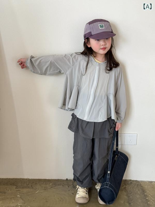 フォークBRの女の子 服 セット 夏服 防晒衣 背心 長袖 長ズボン 薄手 コットン 95% 柔らかい 素材 純色 グレー かわいい 春夏 キャップ付き ジッパー 開襟 トレンド 3-8歳 100-140cm 普段使い アウトドア 紫外線対策 軽量 通気性 伸縮性 ベ｜アングル2