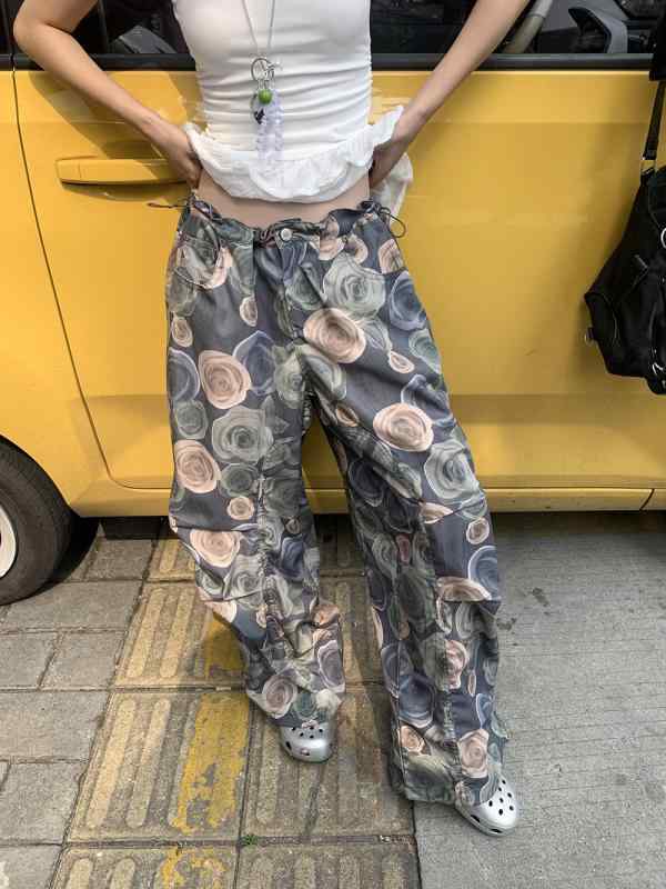 レディース ワイドパンツ 春季 花柄 緑 抽绳 中腰 長丈 ポリエステル 95%以上 街頭風 潮人 スタイル 基本款 無弾力 印花 加工 クロスボ..