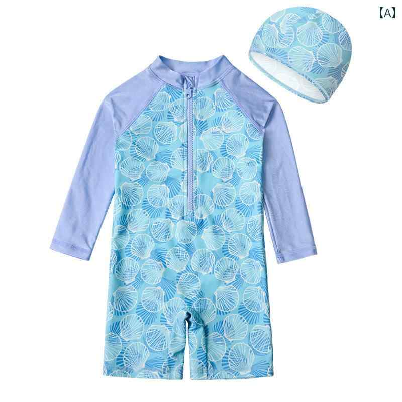 子供 女の子 泳衣 連体 長袖 スイムウェア 2点セット かわいい 防晒 游泳 服 涤纶 素材 ポリウレタン 混紡 速乾 伸縮性 ベビー キッズ プール ビーチ 遊び ブルー 貝殻 柄 90-145cm 対応 夏 シーズン 快適 フィット