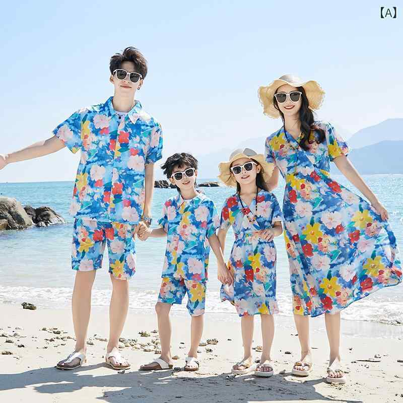 フォークBRの親子服 ワンピース 連衣裙 スカート セット メンズ レディース 男の子 女の子 家族 親子 夏 ビーチ シーサイド バケーション 休暇 旅行 韓国風 ボヘミアン 田園 プリント 花柄 花 綿混紡 ポリエステル 柔軟 柔らかい 防紫外線 UVカット 薄手｜アングル2